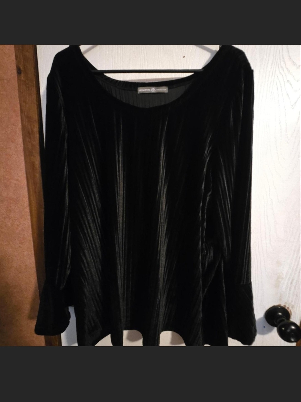 Women's Black Velvet Long-Sleeve Scoop Neck Top by Signature Collection